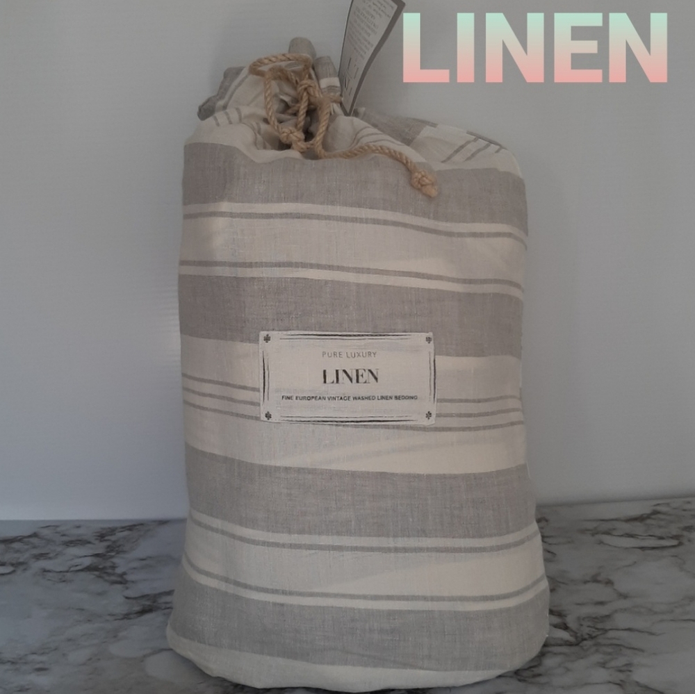 LinDeLuxe King Duvet Cover Set Fine European Linen Vintage Washed Striped gray